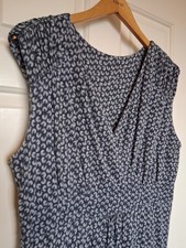 Debenhams Navy Print Jersey Dress UK16 Knee Length Sleeveless V Neck Stretch VGC