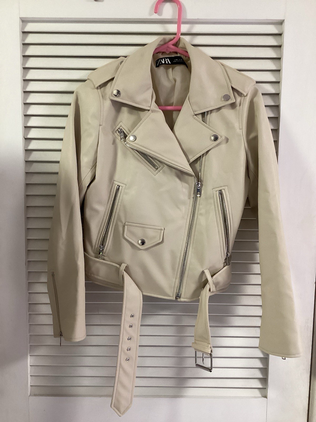 ZARA BASIC Beige Biker Jacket Collared Zipper Bel… - image 1
