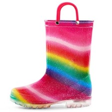 Girls Boys Rain Boots Waterproof with Easy on Handles for 3 Big Kid Rainbow