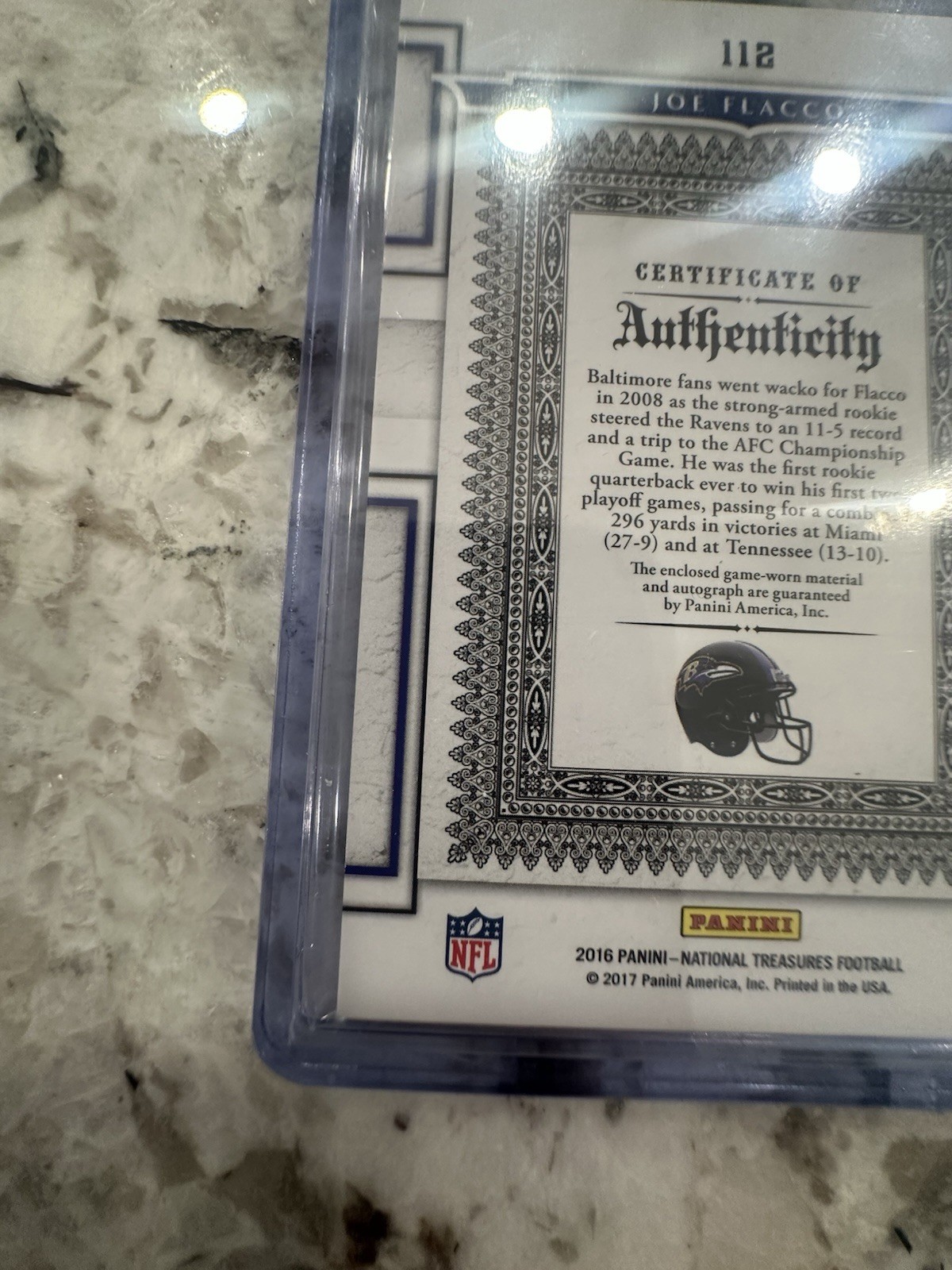 JOE FLACCO 2016 NATIONAL TREASURES #112  GU Sick PATCH AUTO 10/10 RAVENS 🐦‍⬛ view 8