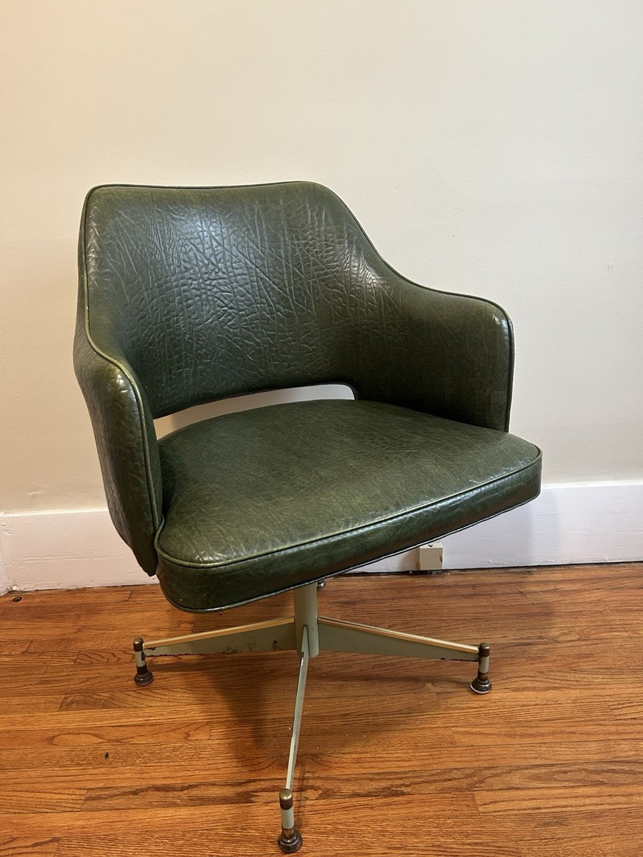 VTG 70s MCM Avocado Green Faux Leather Swivel Office Dining Chair