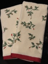 Lenox Holiday Christmas Fingertip Towels Set of 2 Embroidered Holly Gold Trim