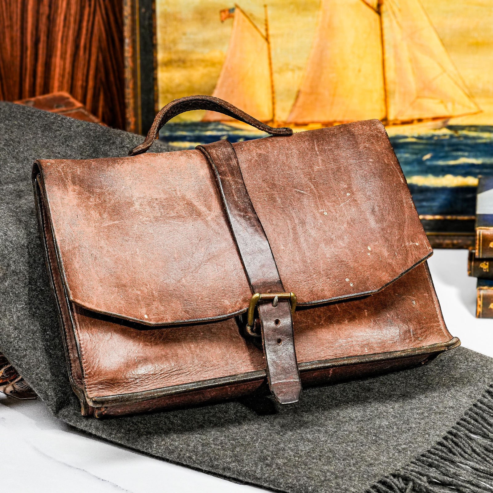 Rugged Vintage Brown Leather Attache Portfolio Briefcase Laptop Bag