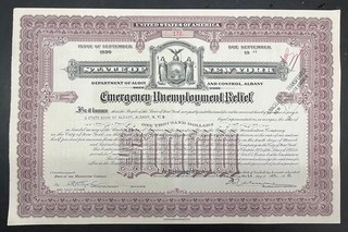 NYSB07 👍 4x New York State Bond $1.000 Emergency Unemployment Relief 09/36
