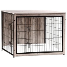 Dog Crate Furniture with Cushion, Wooden Kennel Table with Double Doors, Indo...
