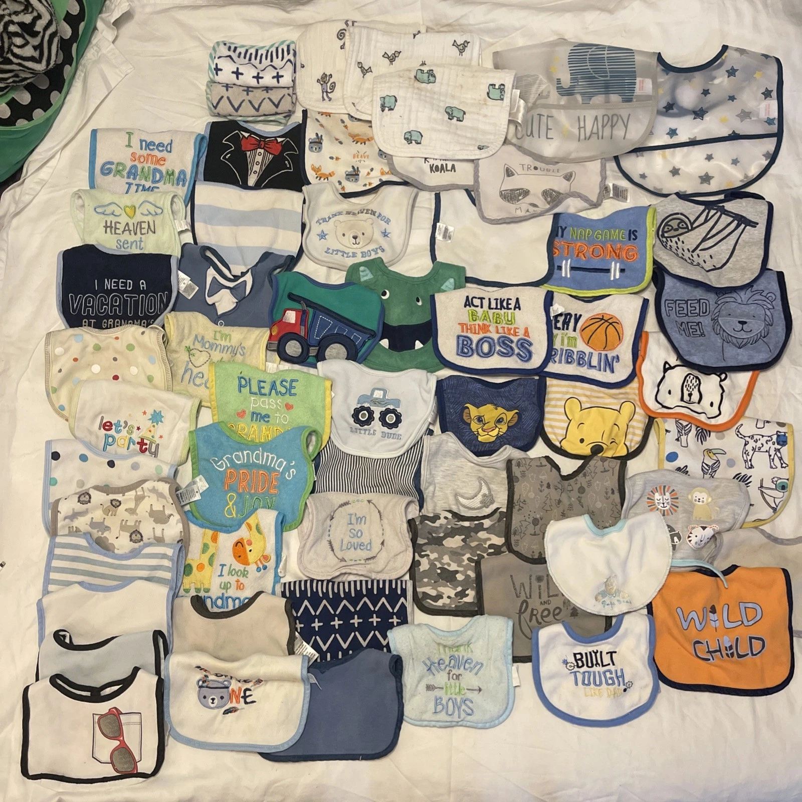 Baby Boy Drool Bibs towels Lot-57pc Jungle Animals Blue Lion Elephant Star-Used
Opens in a new windo