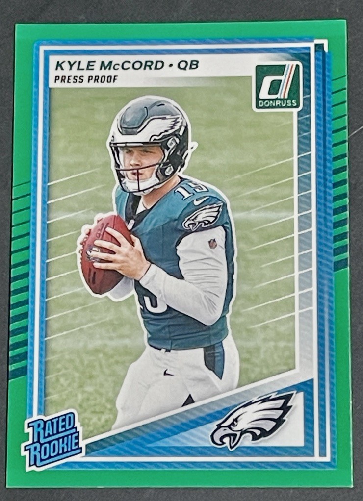 2025 Donruss Kyle McCord Rated Rookie Green Press Proof RC #325 Eagles