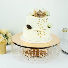Gold 6 in Round Metal CAKE STAND Hanging Acrylic Crystal Chains Party Events