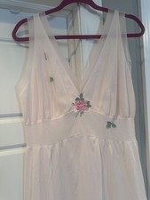 Lingerie Vintage Slip Gown 1980s Pink Knit Nylon Sheer Embroidered Grannycore