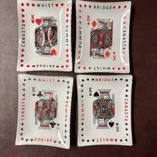 Set / 4 Clear Glass Playing Card Ashtrays Card Holders Trinket Dishes 5" x 3.75"