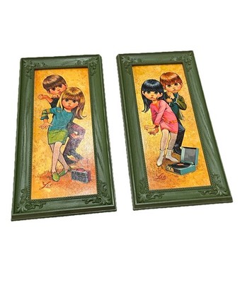 MCM 1960s Big Eyes Lee Go-Go Mod Prints Kids Pair Framed Pictures Creative Manor