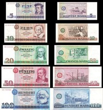 GDR banknotes set 5, 10, 20, 50 + 100 Mark 1971 to 1975