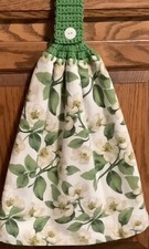 Double hanging kitchen towel cream flowers crocheted green  top