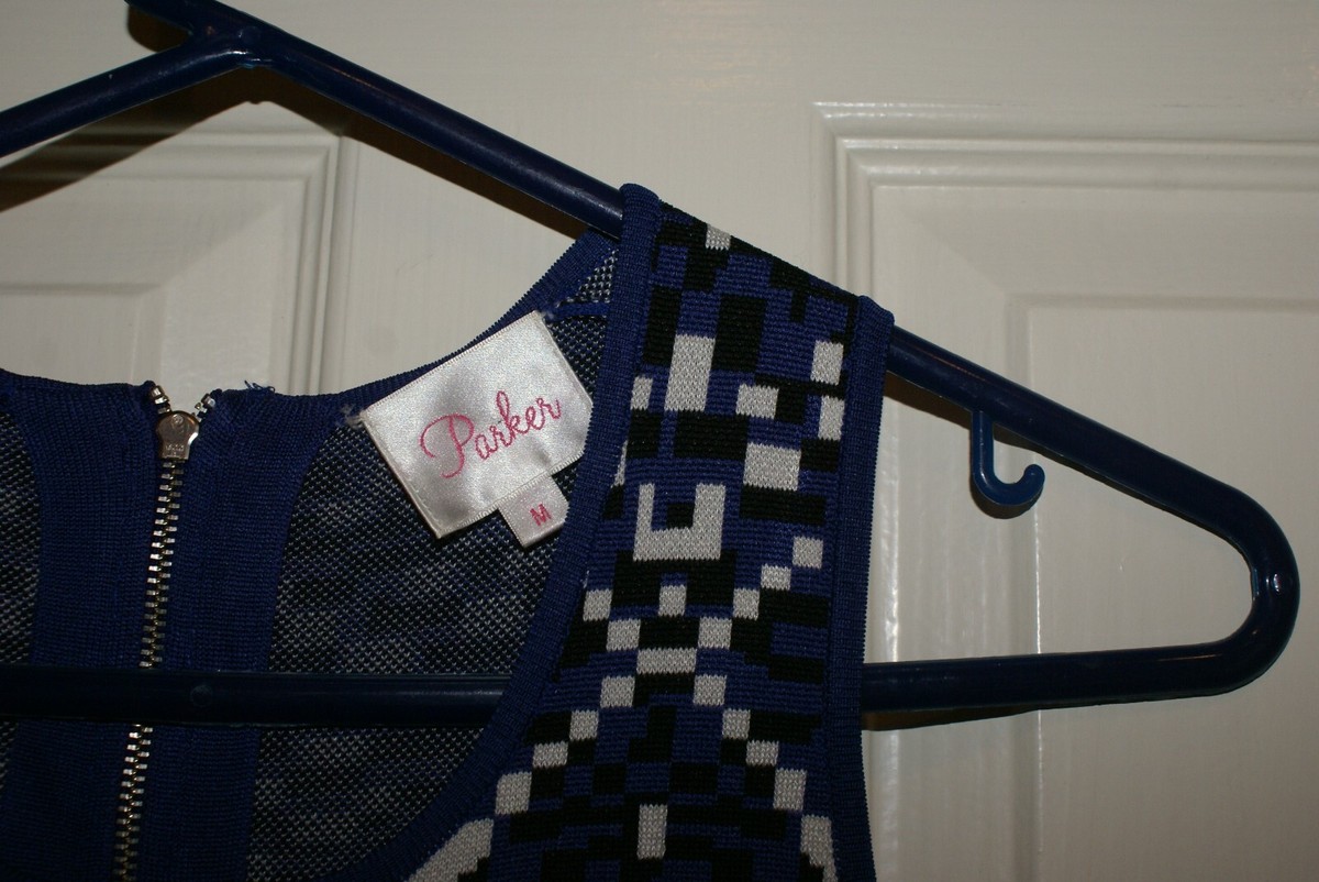 Parker Fit & Flare Dress LADIES SZ.MED.GEOMETRIC BLUE,BLACK WHITE CUTOUT  BACK | eBay