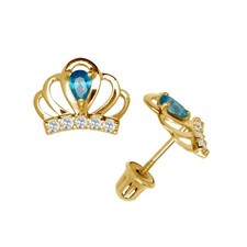 Solid 14K Gold Royal Crown CZ Screw Back Studs Earrings with Blue Zircon Stones