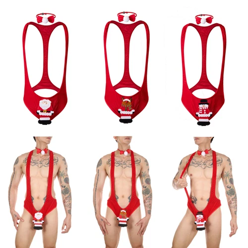 Men Jumpsuit Bodysuit Christmas Underwear Santa Claus Sexy Mankini with Bow Tie - Picture 2 of 27