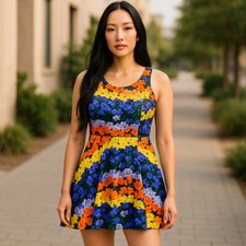 Colorful floral print sleeveless dress Woman L/slim fit (C34)/black mesh lined