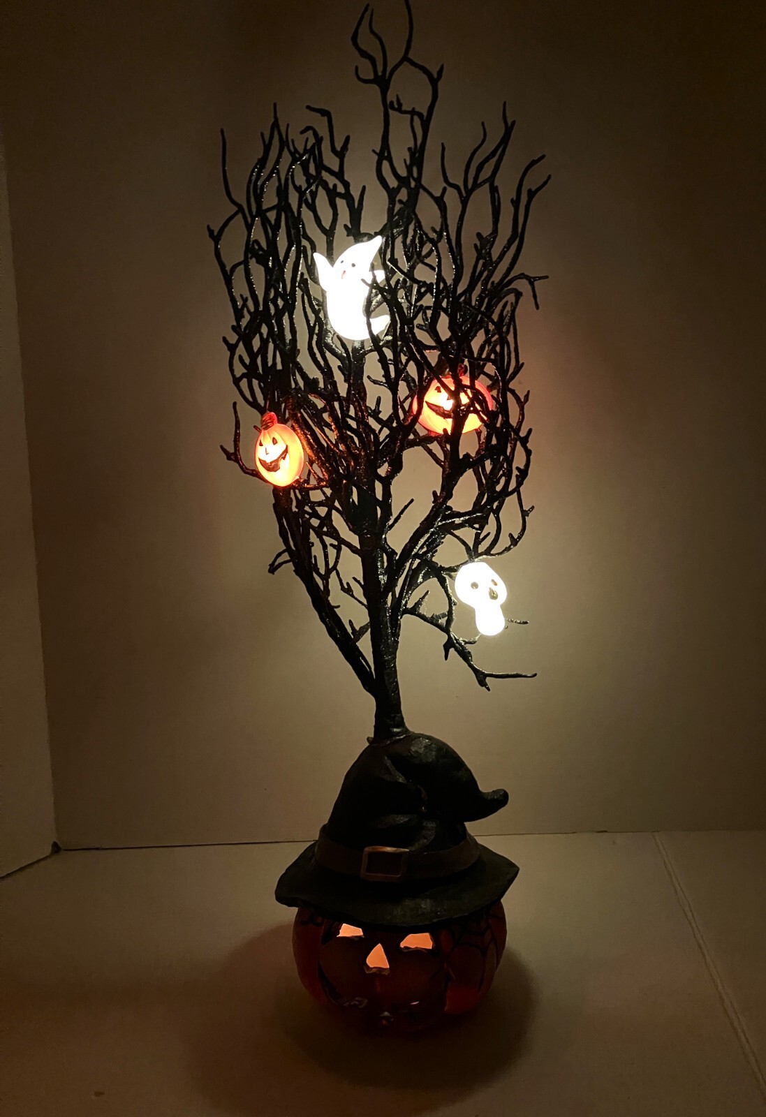 Halloween Light Up Twig Tree Pumpkin Ghost Black Cracker Barrel 24" Battery