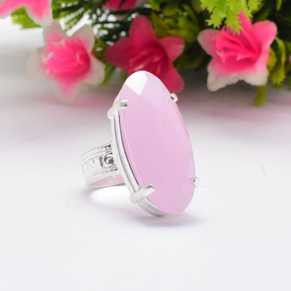 Valentine's Regalo Quarzo Rosa Gemma 925 Argento Sterling Mano Anello All Misura - Immagine 3 di 4