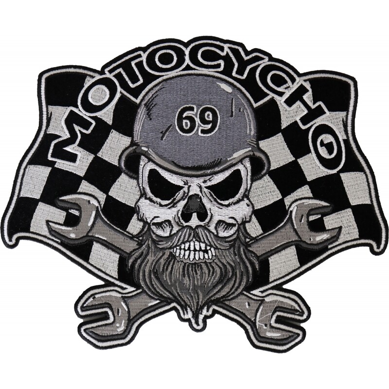 Large Back Patch (Iron-On/Sew-On), Motocycho Bearded Skull Wrenches Motorcycles