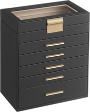 Jewelry Box with Glass Lid, 6-Layer Jewelry Organizer, 5 Drawers, for Sunglasses