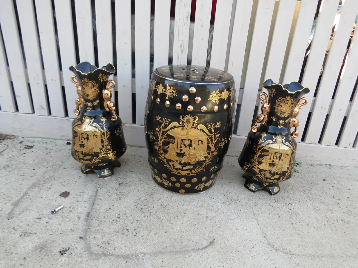 Gold decoration black porcelain Ceramic Garden Stool and 2 vases ancient style