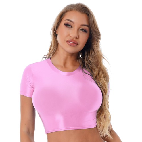 FEESHOW Women's Glossy Short Sleeve Crop Tops T-Shirt Gym Yoga Sports Tops AU - Picture 18 of 80