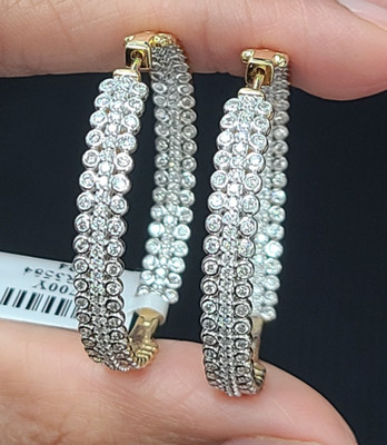 DEAL! 2.50CT 100% Natural Diamonds Inside Outside Hoops Earrings 14K gold 35mm