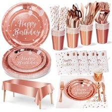 161 PCS Rose Gold Birthday Plates Napkins Cups Silverware Party Supplies Set