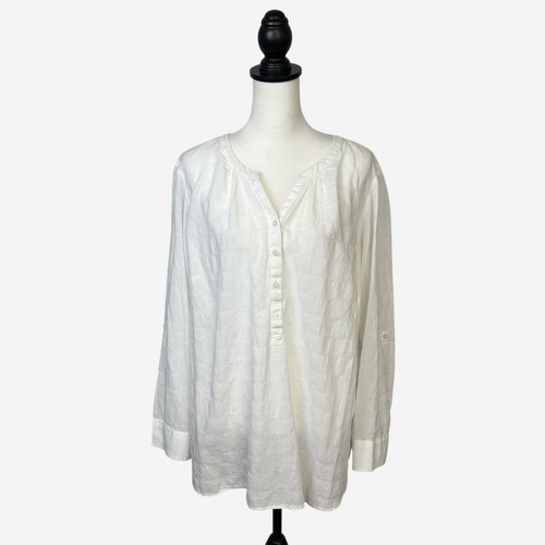 Talbots Popover Tunika Top Gr. 2X weiß Rollriegelärmel leicht Baumwolle Strand