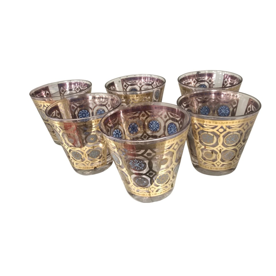Culver LTD 22k Gold Turquoise Vintage Rocks Glasses Set of 6 MCM Rare Barware