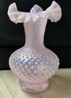 VTG Fenton Pink Chiffon Hobnail Glass Double Crimped Vase Iridescent 10.75” JD
