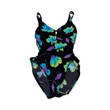 La Bianca Vintage 90s Floral Ribbed One Piece Swimsuit Black Teal Purple Size 6