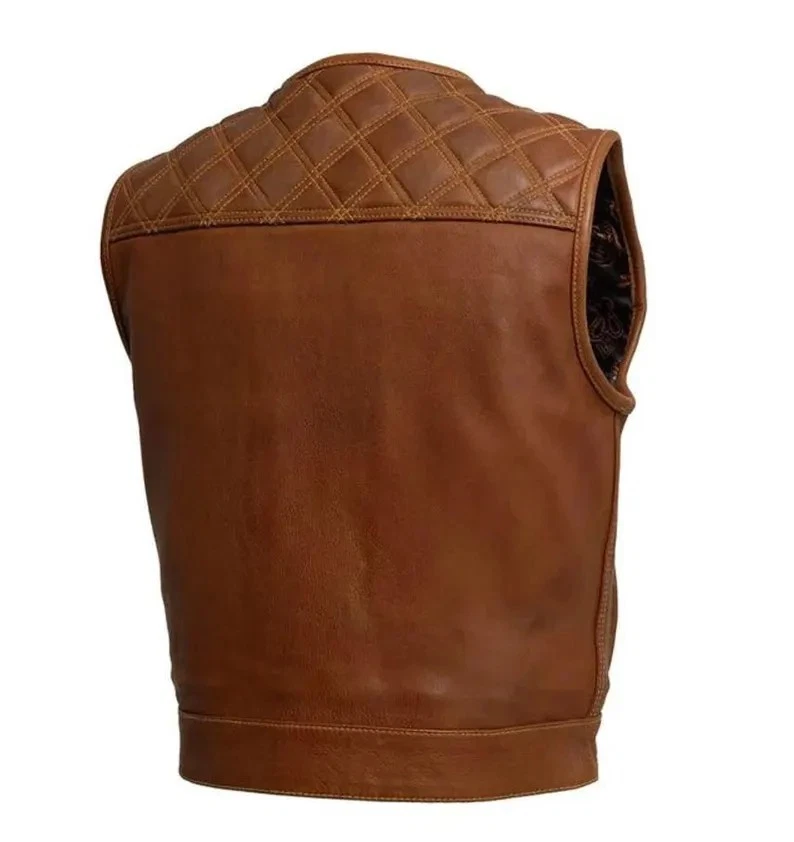 Men's Tan Genuine Leather Biker Vest with Paisley Lining Vintage Motorcycle Gear - Image 3 of 4