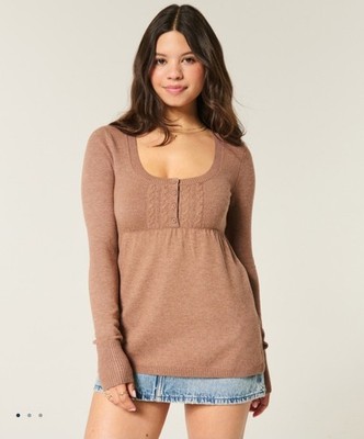 トップス vintage Hollister knit babydoll tops XS Hollister Easy Cable-Knit Babydoll Sweater in Light Brown (Small