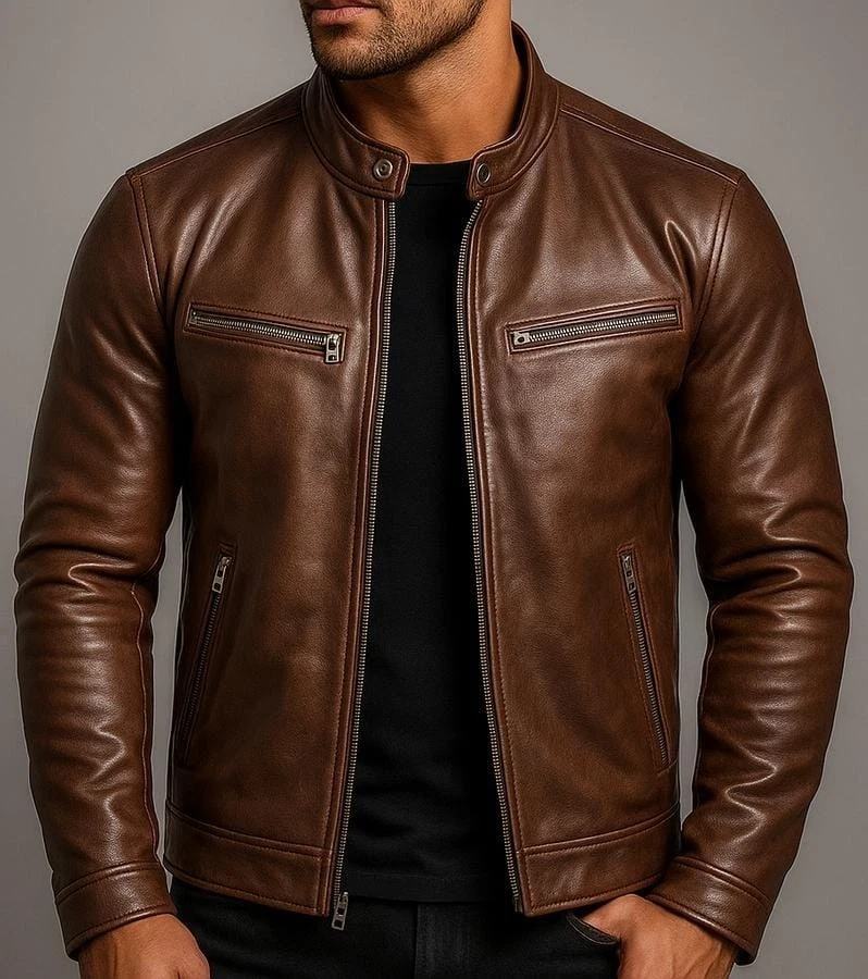 Men's Brown Leather Biker Jacket Cafe Racer Style Stand Collar Zip Pockets Men - product detail image 1