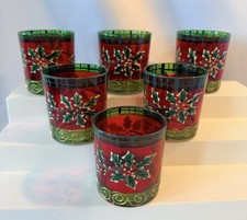 6 Vintage Hand Painted Glass Christmas Votive Candle Holders 3.25  Tall Embossed