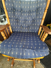 Blue Fabric Upholstered Rocking Chair, Padded Seat, Geometric, Light Wood