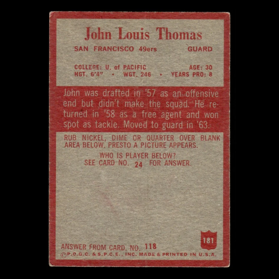 John Thomas #181 1965 Philadelphia San Francisco 49ers Football Card NFL EX - Image 2 of 3