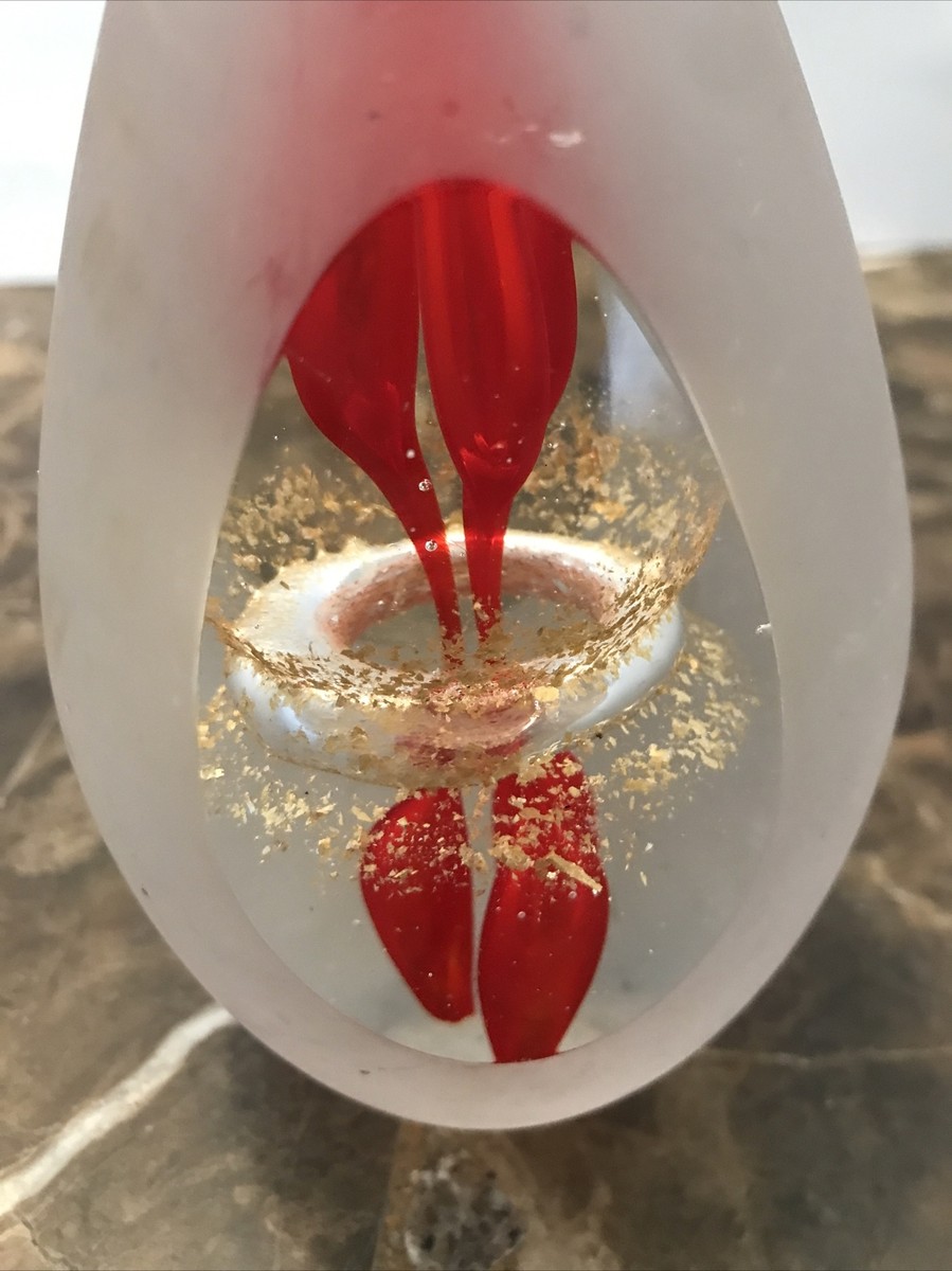 Vintage Handblown Murano Egg Shape Glass Paperweight 5.5” Red And