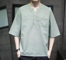 Men's Fashion Summer V Neck Short Sleeve Loose Cotton Linen T-shirt Casual Tee