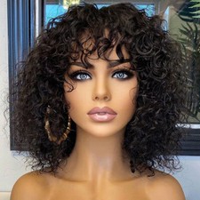 Short Water Wave Bob Wigs Human Hair Wigs With Curly Bangs No Lace Glueless Wigs