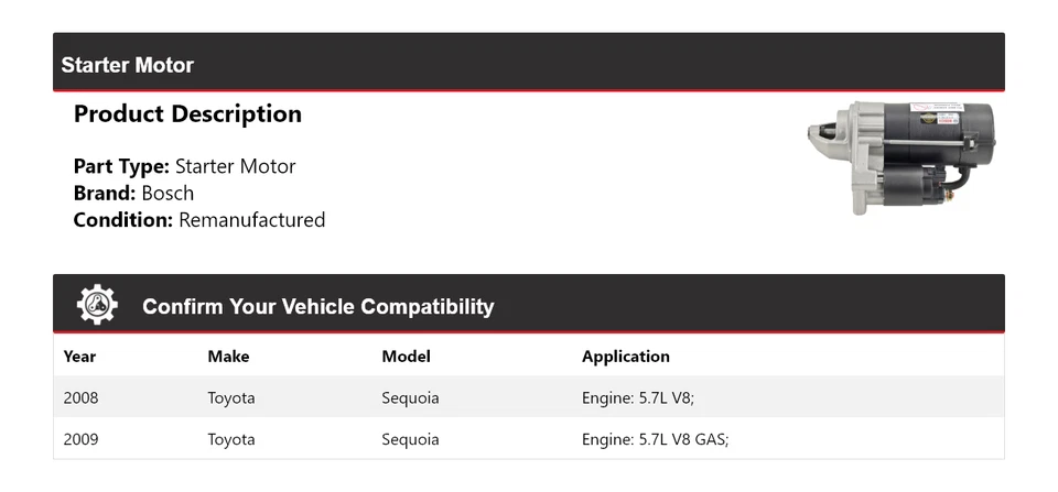 For 2008-2009 Toyota Sequoia Bosch Starter (Remanufactured) - Image 2 of 4