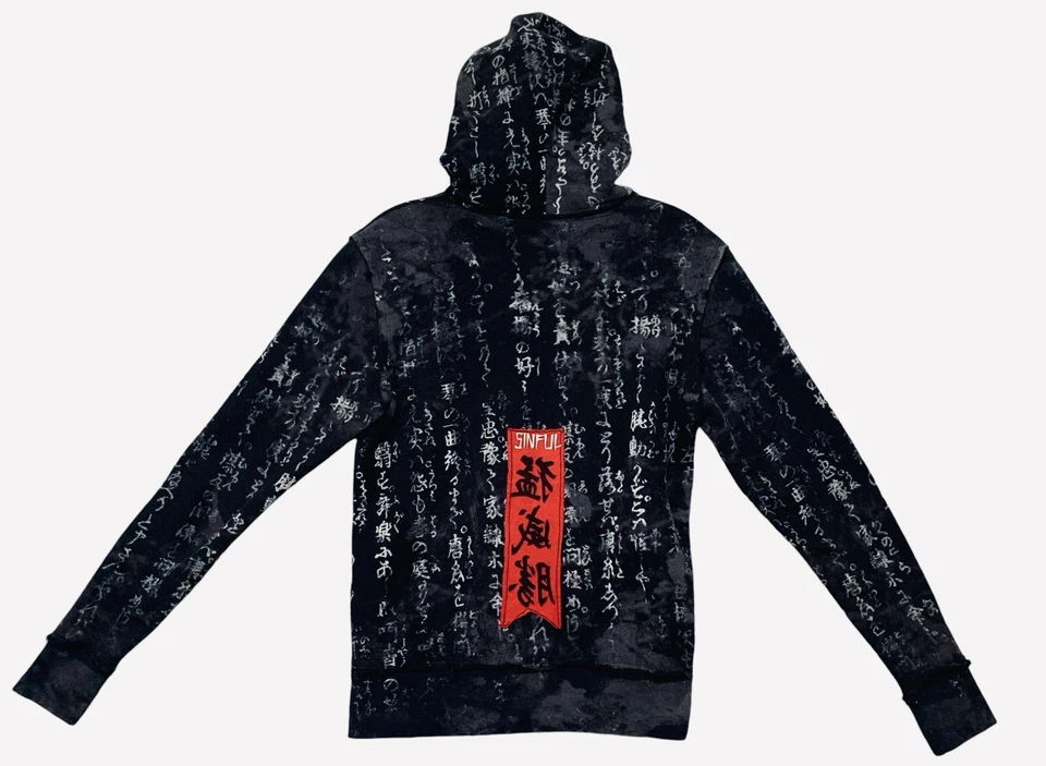 Chaqueta con capucha Y2K SINFUL By Affliction negra roja con cremallera para mujer mediana vintage Foto 2 de 4