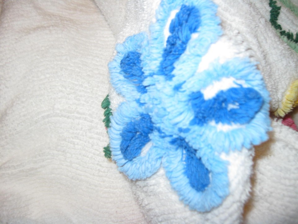 Vintage Chenille Floral Scrolls Bedspread White Green Blue Pink Yellow