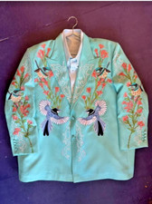 Men Blue 2Pc Birds Embroidered Country Western Wedding cocktail Prom Outfits