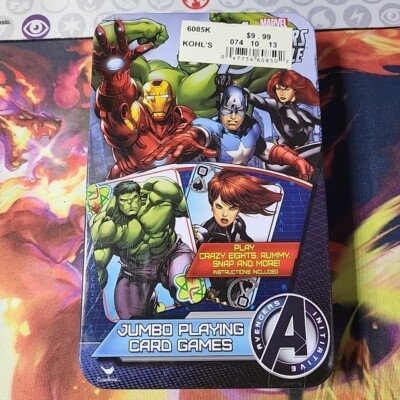 Marvel Avengers Jumbo Playing Cards Game CRAZY 8 s RUMMY SNAP W/ Collector s Tin