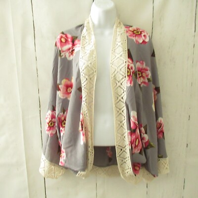 Umgee Kimono Cardigan S Small Gray Floral Crochet Lace Cocoon Boho Peasant