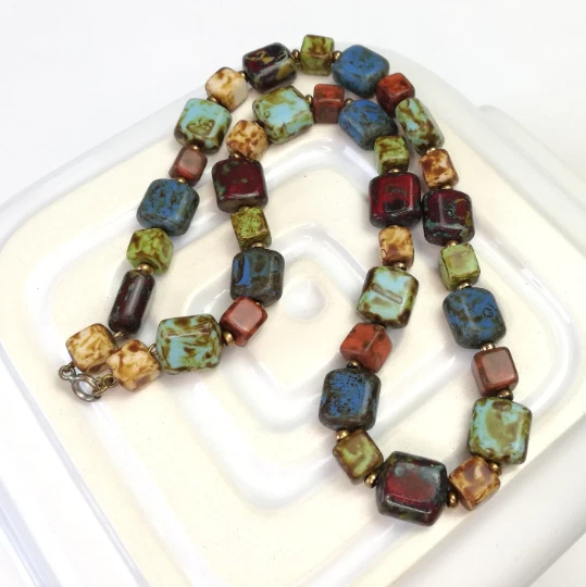 Earth Tones Glass Bead Necklace Vintage Classic Faux Agate Jewellery Russet