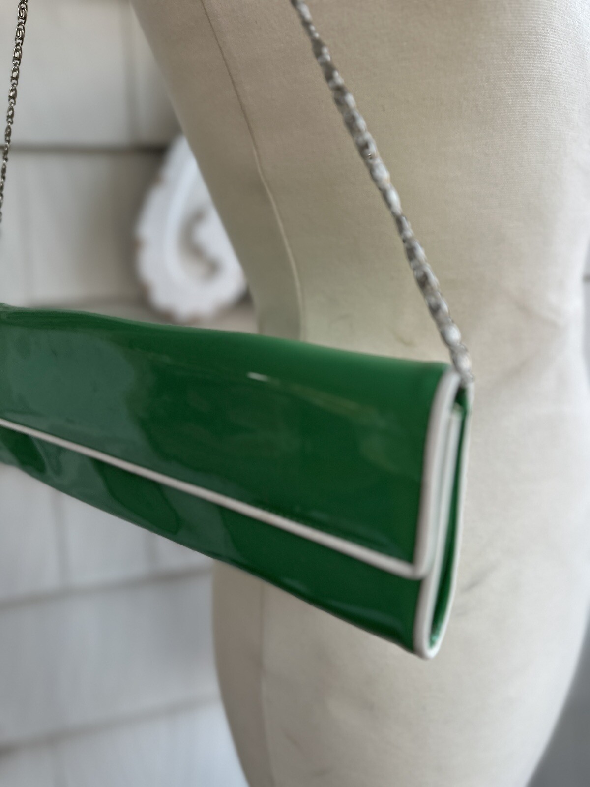 Aldo GREEN Crossbody Clutch Bag Purse Novelty Vinyl White Trim Preppy